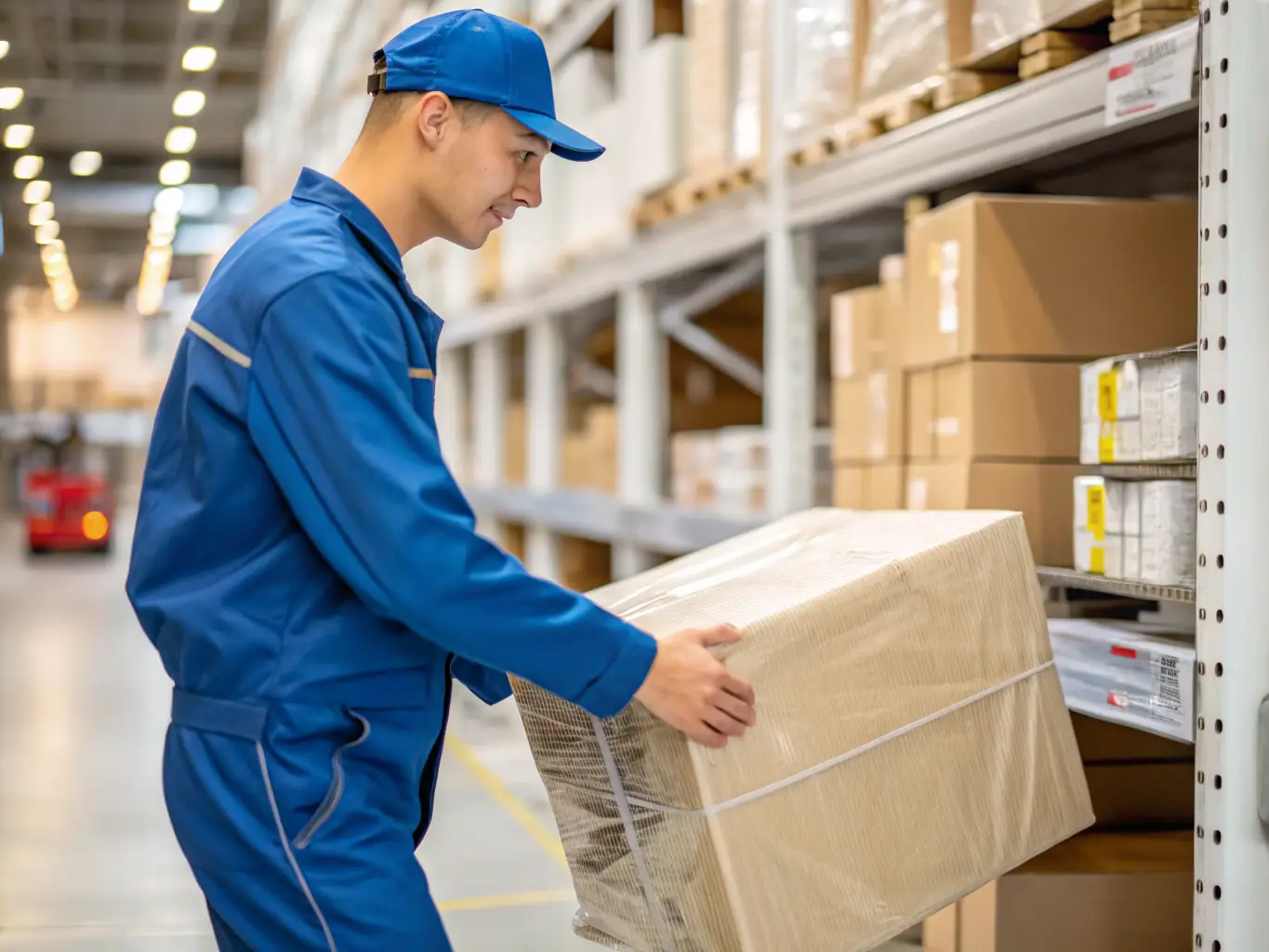 An image of a fulfillment center worker packing branded boxes for shipment, illustrating the efficient fulfillment and distribution services.