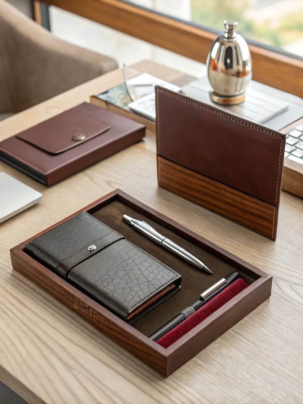 A professional image of a set of high-quality pens with engraved company logos, presented in an elegant gift box.