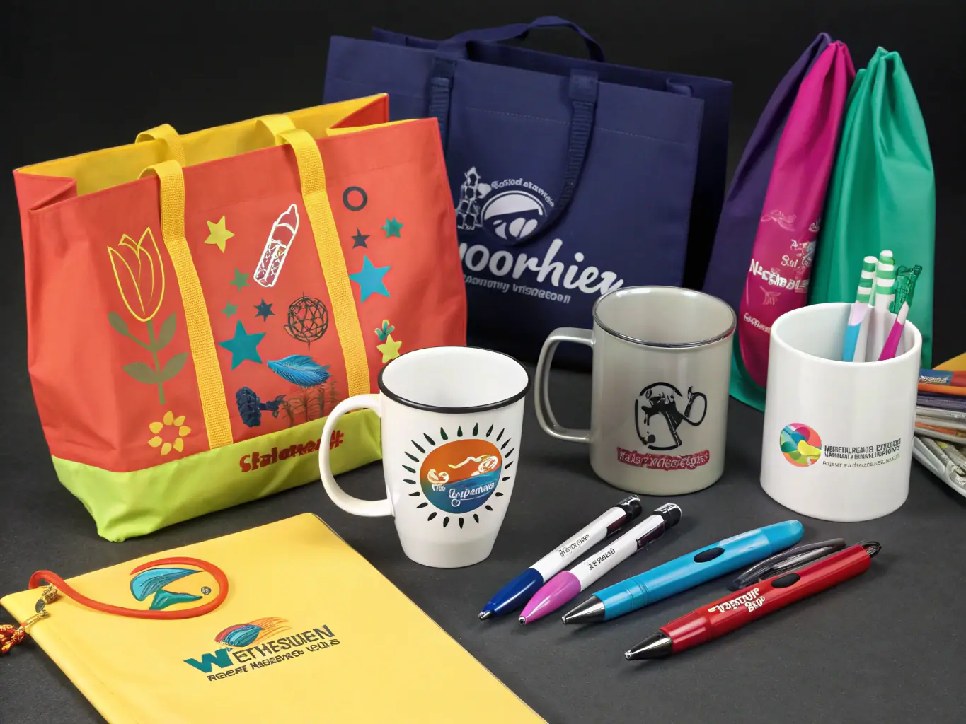 An image showcasing a variety of branded promotional items such as pens, mugs, and tote bags with company logos, arranged in an appealing manner to highlight product sourcing capabilities.