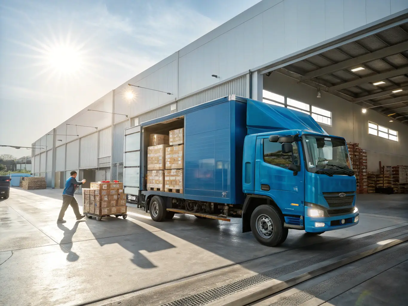 A delivery truck leaving a warehouse, symbolizing the fulfillment and distribution of promotional products.
