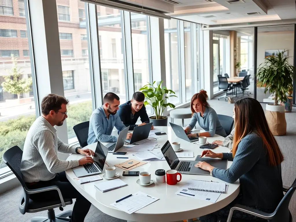 A vibrant office setting with employees collaborating around a table filled with various promotional items like branded mugs, pens, and notebooks, symbolizing product sourcing.