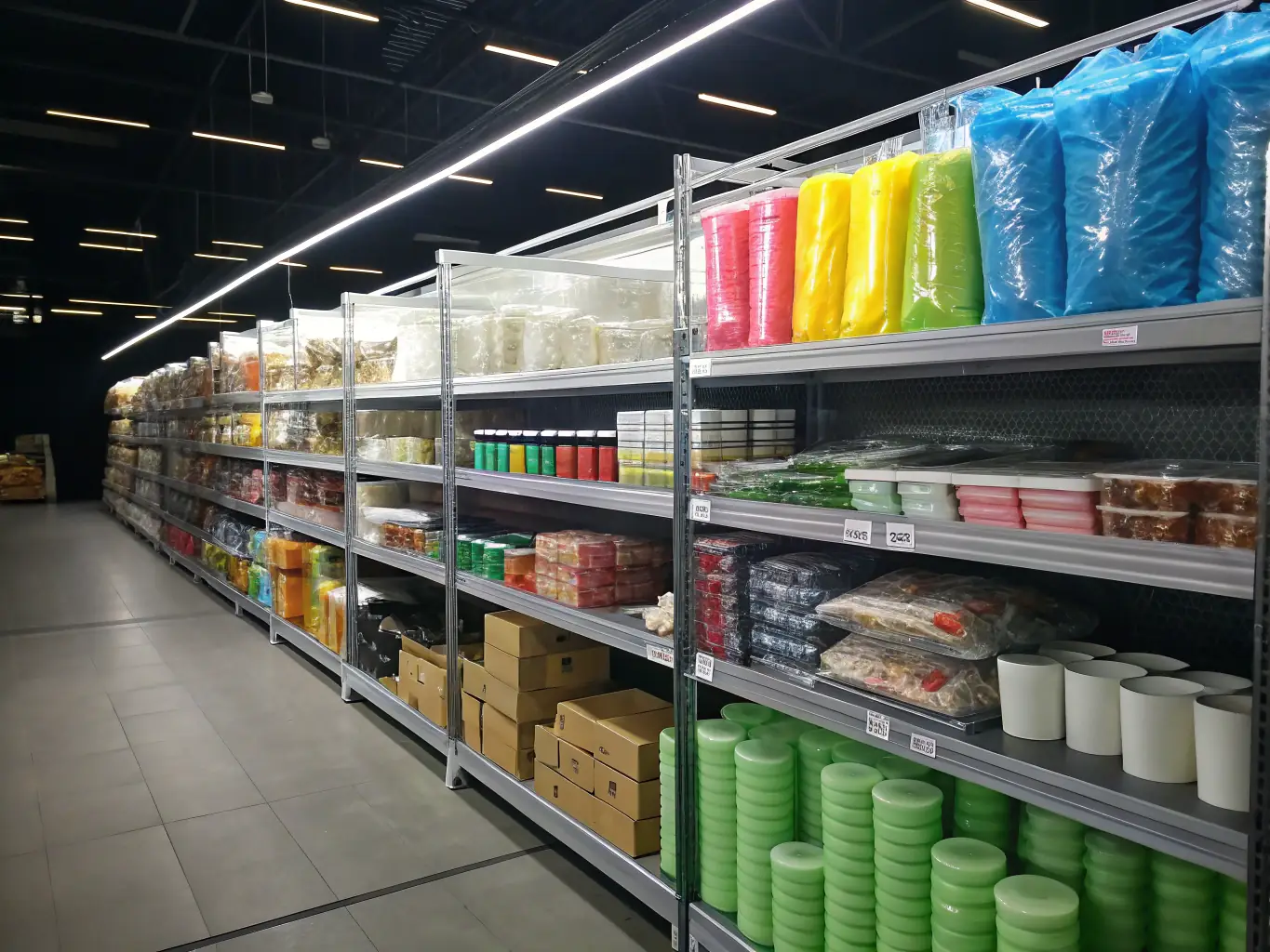 A well-organized warehouse with shelves stocked with various promotional products, showcasing efficient inventory management.